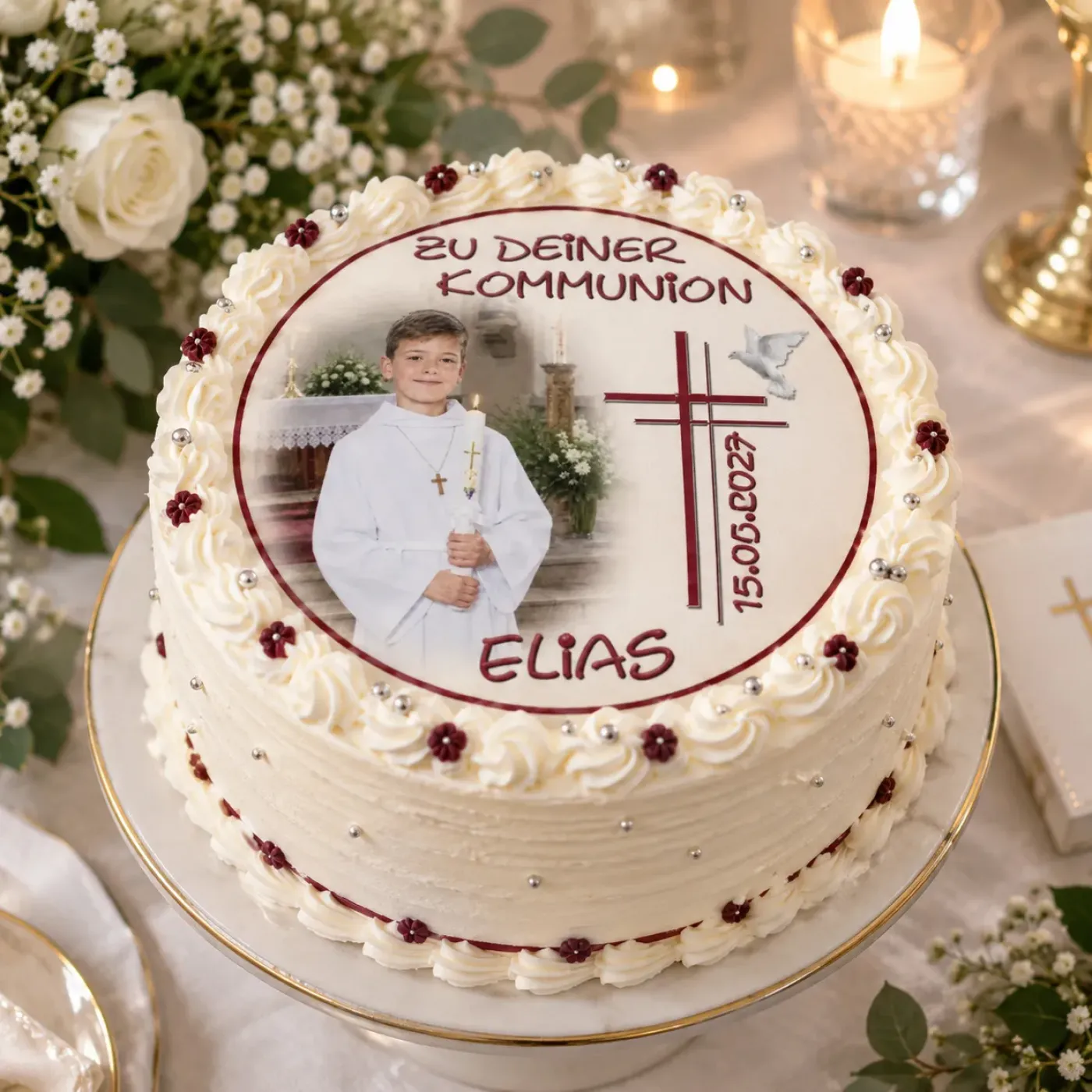 Tortenaufleger zur Kommunion & Konfirmation – Edles Doppelkreuz mit Friedenstaube